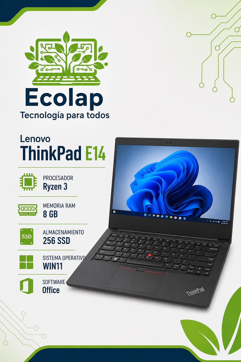 Lenovo ThinkPad E14 | AMD Ryzen 3 | 8 GB RAM | SSD 256 GB | Windows 11 + Office