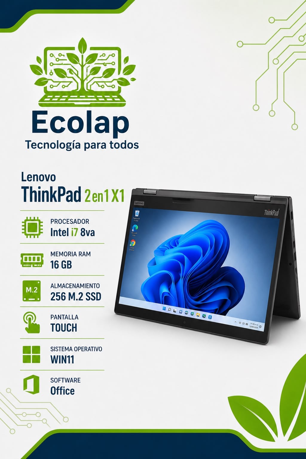Lenovo ThinkPad X1 2 en 1 | Intel Core i7 8va Gen | 16 GB RAM | SSD M.2 256 GB | Pantalla Táctil | Windows 11 + Office